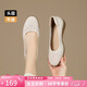 ZHR頭層牛皮單鞋女春夏軟底坡跟女鞋透氣鏤空舒適船鞋 KM33 米色 37