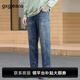 gxgjeans男裝牛仔褲秋季磨破做舊設計復古休閑水洗直筒長(cháng)褲子 牛仔藍-常規款 L (175) -31碼