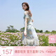三彩2025夏季新款荷葉邊印花雪紡裙連衣裙度假風(fēng)長(cháng)裙F
