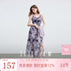 三彩2025夏季新款荷葉邊吊帶裙印花雪紡連衣裙系帶收腰A字裙長(cháng)裙M 丁香紫花卉 S 155/80A