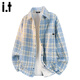 FIVE CM青年條紋格子長(cháng)袖襯衫男2026新款休閑翻領(lǐng)外套春季 淺藍色 3XL