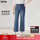 MsShe【復古微喇牛仔長(cháng)褲】大碼女裝2026春季胖mm顯瘦彈力褲子女 牛仔中藍色現貨 3XL