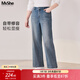 MsShe【重工燙鉆牛仔褲】大碼女裝2026春裝胖mm顯瘦闊腿加長(cháng)褲子 【雙芯紗牛仔】牛仔懷舊中藍色現貨 3XL