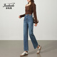 金狐貍牛仔褲女春季2026年新款韓版通勤百搭直筒煙管褲高腰顯瘦九分褲子 藍色 L