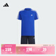 adidas大童速干休閑三條紋短袖套裝兒童夏季阿迪達斯輕運動(dòng)   亮藍/白色/傳奇墨水藍   164
