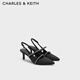 CHARLES&KEITH亮鉆一字帶尖頭包頭復古高跟涼鞋婚鞋子女鞋生日禮物CK1-61720199 BLACK TEXTURED黑色紋理 38