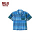 MUJIMUJI 大童 馬德拉斯格紋 開(kāi)領(lǐng)短袖襯衫兒童襯衣純棉全棉 CB1J8A4S 藍色格紋 130 cm /64A