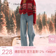 三彩2025冬季新款加絨牛仔褲高腰寬松闊腿褲長(cháng)褲女