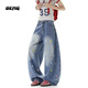 OEMG 美式復古星星刺繡彎刀牛仔褲女男春秋季寬松闊腿顯瘦百搭長(cháng)褲子 淺藍色 【高品質(zhì)】 M [建議90-105斤]