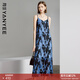 顏域復古藍色連衣裙女裝2024新款夏裝裙子女中長(cháng)款印花V領(lǐng)吊帶裙 藍花 L