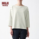 MUJI MUJI 女式 粗棉線(xiàn) 天竺編織 一字領(lǐng) 七分袖T恤 BBL04A1S 煙熏綠色條紋 XS-S