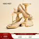NINE WEST高跟鞋粗跟新款真皮通勤方頭金屬扣女士單鞋 杏色 38