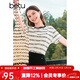 百圖betu女裝夏季新款T恤撞色圓領(lǐng)條紋提花透氣寬松短袖女2407T21 黑白條 M