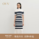 OVV秋冬熱賣(mài)女裝經(jīng)典橫條紋高領(lǐng)長(cháng)袖羊毛針織連衣裙 藏青條紋 L
