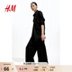 H&M女裝休閑褲春季薄款高腰長(cháng)褲松緊腰寬松直筒闊腿褲1216645 黑色 S 160/72