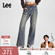 Lee舒適低腰喇叭鉚釘設計顯瘦懷舊復古中藍色女牛仔褲A06911 中藍色 24