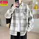 啄木鳥(niǎo)高級感春秋季格子外套男青少年高中學(xué)生夾克上衣男裝休閑長(cháng)袖襯衫 灰色 XL （建議120~140斤）