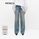 MO&Co.牛仔褲春手工洗磨抓痕懷舊高腰及地闊腿褲M(mǎn)BE1JEN022 牛仔藍色 L