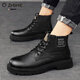 千紙鶴（Q ZHIHE）馬丁靴男鞋春秋季新款真皮高幫鞋戶(hù)外工裝靴厚底男英倫風(fēng)復古短靴 黑色單鞋【正品男鞋】 42