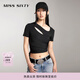 MISS SIXTY短袖T恤女性感鏤空設計不規則抽褶系帶正肩短款上衣 黑色 M