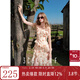 三彩獨醒2025秋款碎花印花吊帶連衣裙法式開(kāi)叉荷葉邊長(cháng)裙F 奶油橙花卉 S 155/80A