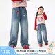 茵曼（INMAN）童裝女童牛仔褲草莓刺繡春秋季中大童寬松休閑褲女孩褲子 牛仔藍 150