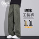 班尼路S&K系列美式潮牌休閑褲男生春秋季純棉寬松闊腿直筒運動(dòng)工裝褲 軍綠【純棉】 L 推薦110-130斤