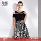 顏域裙子女夏新款露肩拼接收腰修身圓點(diǎn)印花假兩件連衣裙女裝20S8653 黑白花 M