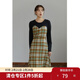 獨束大碼女裝【小森林格紋系列】拼接連衣裙女秋冬新款胖mm顯瘦絲絨裙 黑拼格紋長(cháng)款 L