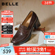 百麗（Belle）復古抓皺面羊皮樂(lè )福鞋女2026春新粗跟氣質(zhì)通勤單鞋B2948AA6 棕色 36 (230mm)