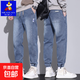男士牛仔褲男寬松束腳工裝褲春秋季新款休閑長(cháng)褲子男款 淺藍色 XL