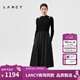 朗姿/LANCY秋秋季新款長(cháng)袖鏤空桑蠶絲裙子黑色中長(cháng)款拼接連衣裙女 夜幕黑色2 L