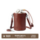 裘真情人節禮物抽繩水桶包女植鞣頭層牛皮包包復古通勤單肩斜跨休閑包 深棕色-中號 暫不預售