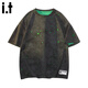 :CHOCOOLATE it美式復古重磅短袖T恤男2026夏季薄款寬松破洞休閑上衣 墨綠色 M 【建議105斤-120斤】