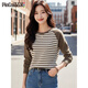 品彩（PinCai）打底衫女秋冬德絨插肩袖條紋打底衫女士減齡長(cháng)袖T恤P144T3002