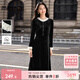 尚都比拉撞色花邊絲絨連衣裙女冬季優(yōu)雅圓領(lǐng)長(cháng)袖A字裙藏肉顯瘦氣質(zhì)中長(cháng)裙