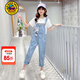 G.duck童裝女童套裝夏季新款兒童衣服時(shí)尚中大童牛仔背帶褲薄款女孩短袖 長(cháng)褲整套 140 建議9~10歲【130-140cm】