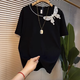 衣然呈品釘珠刺繡蝴蝶短袖t恤女夏季新款寬松上衣潮流圓領(lǐng)半袖胖mm體恤女 黑色 M 【建議90-110斤】