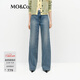 MO&Co.牛仔褲春洗磨棉質(zhì)手磨貓須精裁高腰闊腿褲M(mǎn)BE1JEN010 牛仔藍色 S