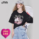 妖精的口袋白色印花綁帶拼接短袖t恤女2025年夏季新款設計感上衣 海盜黑色 M