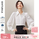 尚都比拉秋季休閑通勤顯瘦長(cháng)袖襯衣女設計感燈籠袖襯衫 白色 L 