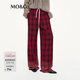 MO&Co.休閑褲棉黑紅格紋漸變搖滾風(fēng)松緊高腰MBE3PATT11