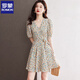 羅蒙（ROMON）小個(gè)子碎花中裙子v領(lǐng)系帶2025年新款高腰氣質(zhì)輕奢高端連衣裙夏裝 杏色 M