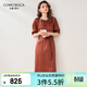 科蒙博卡2024春夏真絲新款褶皺系帶半袖連衣裙女純色桑蠶絲裙子 紅色 XL