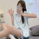 夏季冰絲睡衣女短袖短褲兩件套仿真絲綢緞面蕾絲花邊家居服套裝 冰絲-天藍色+短袖短褲 M 推薦80-95斤