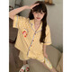 倩升奶黃色格子短袖睡衣女款2026新款夏季可愛(ài)卡通貓咪短褲家居服套裝 92426 黃格番茄貓 M