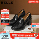 百麗（Belle）復古抓皺面羊皮樂(lè )福鞋女2026春新粗跟氣質(zhì)通勤單鞋B2948AA6 黑色 37 (235mm)