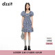 DZZIT【爆款補單】碎花裙地素連衣裙夏季元氣藍調泡泡袖裙子女 深藍色 XS