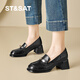 星期六（St&Sat）新款英倫風(fēng)樂(lè )福鞋女粗跟百搭豆豆單鞋圓頭金屬裝飾舒適軟底通勤鞋 黑色 【跟高5.5CM】 36
