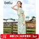 百圖betu女裝夏新款連衣裙法式拉鏈碎花短袖雪紡連衣裙女2307T69 綠色 L